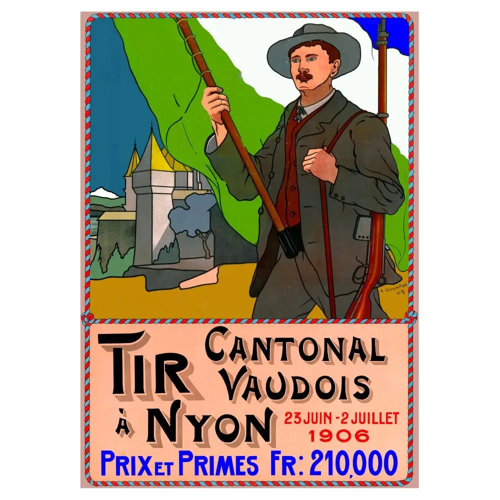 Affiche Tir Cantonal Vaudois Nyon 1906 tireur fusil chateau A. Champod Suisse Affiche Tir Cantonal Vaudois Nyon 1906 tireur fusil chateau A. Champod Suisse