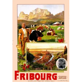 Affiche Fribourg Suisse Pays de Gruyere vaches berger pont suspendu grandes orgues