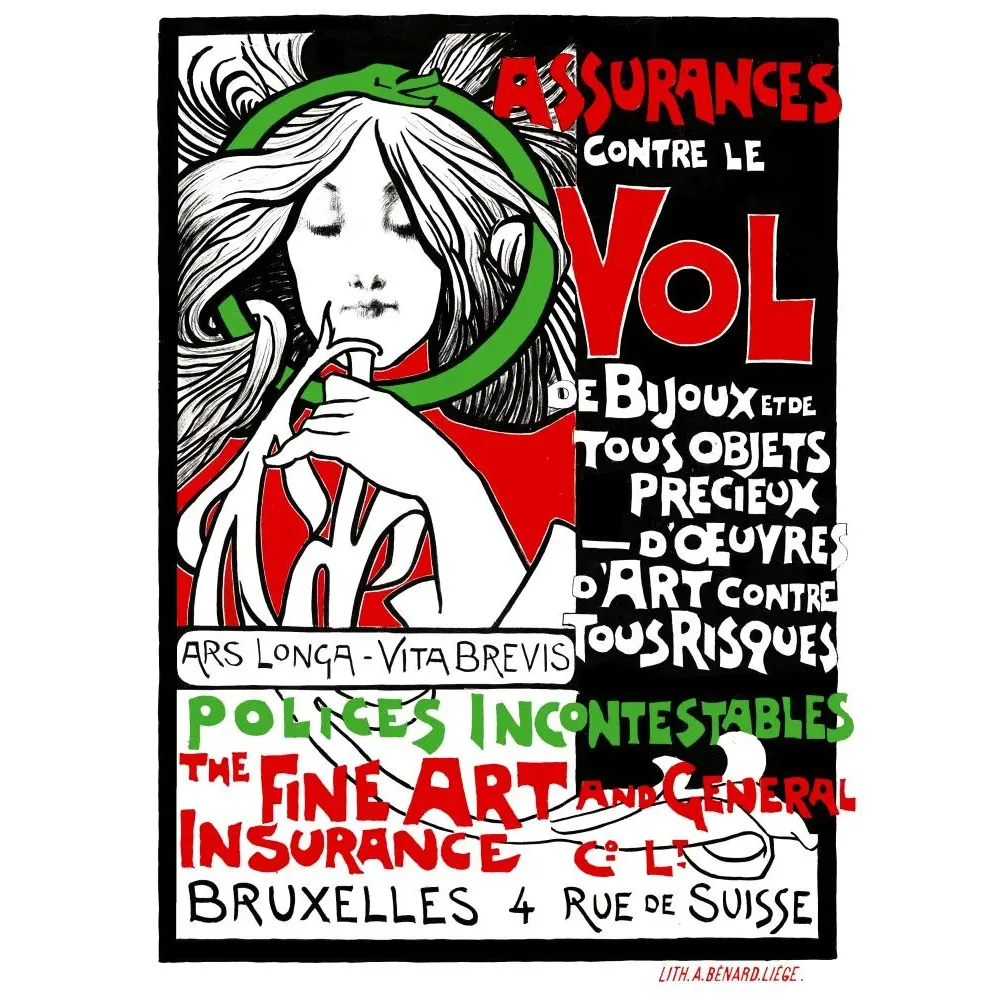 Affiche Assurances contre le Vol bijoux oeuvres d'art Bruxelles Art nouveau serpent