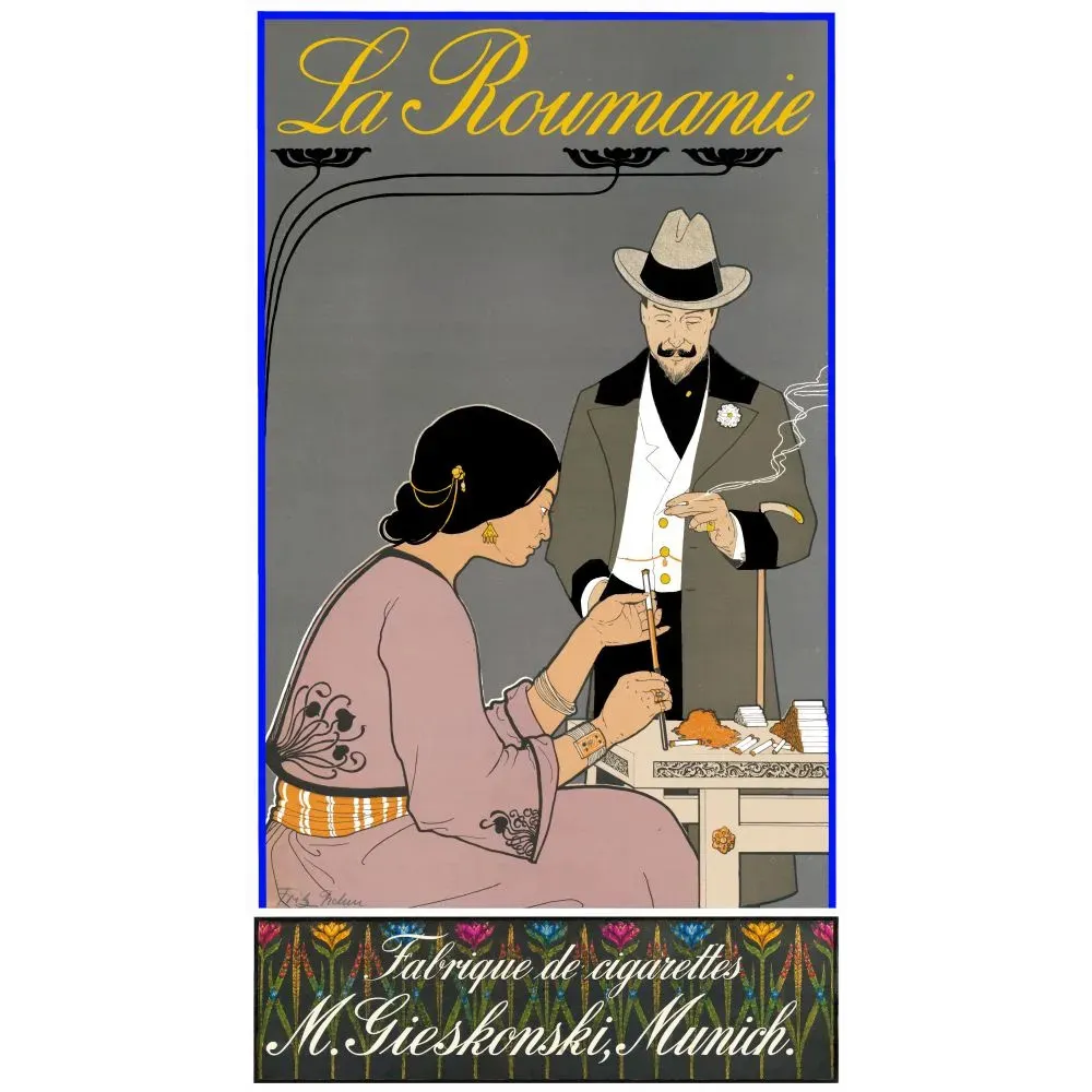 Affiche La Roumanie cigarettes Gieskonski Munich tabac roulage femme traditionnelle