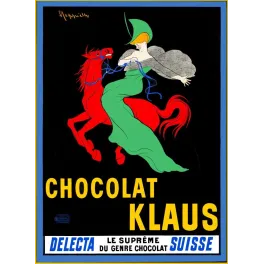 Chocolat Klaus Delecta Cappiello 1903 cavalière cheval rouge chocolat suisse