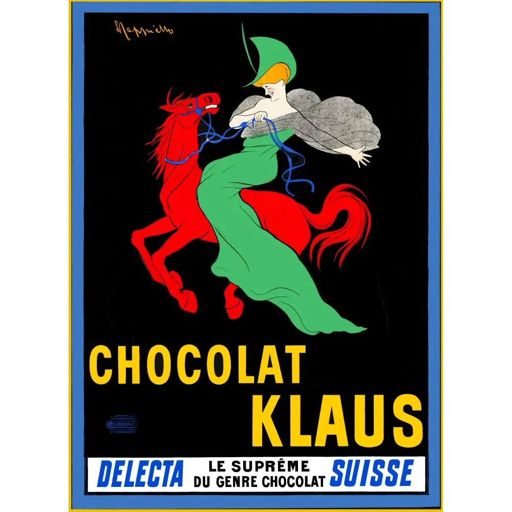 Chocolat Klaus Delecta Cappiello 1903 cavalière cheval rouge chocolat suisse