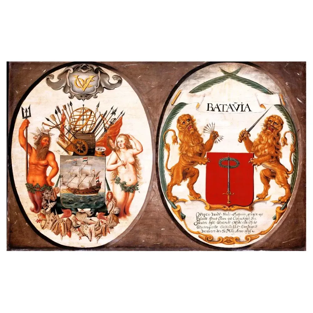 Armoiries Compagnie Indes Orientales Batavia Neptune lions Jakarta blason Armoiries Compagnie Indes Orientales Batavia Neptune lions Jakarta blason