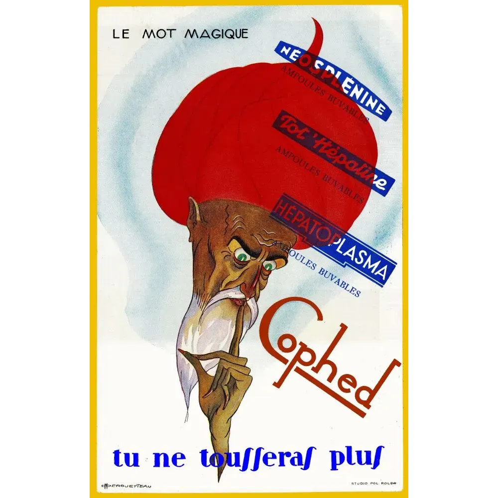 Publicité Cophed toux Néosplénine Hépatoplasma personnage turban rouge médicament