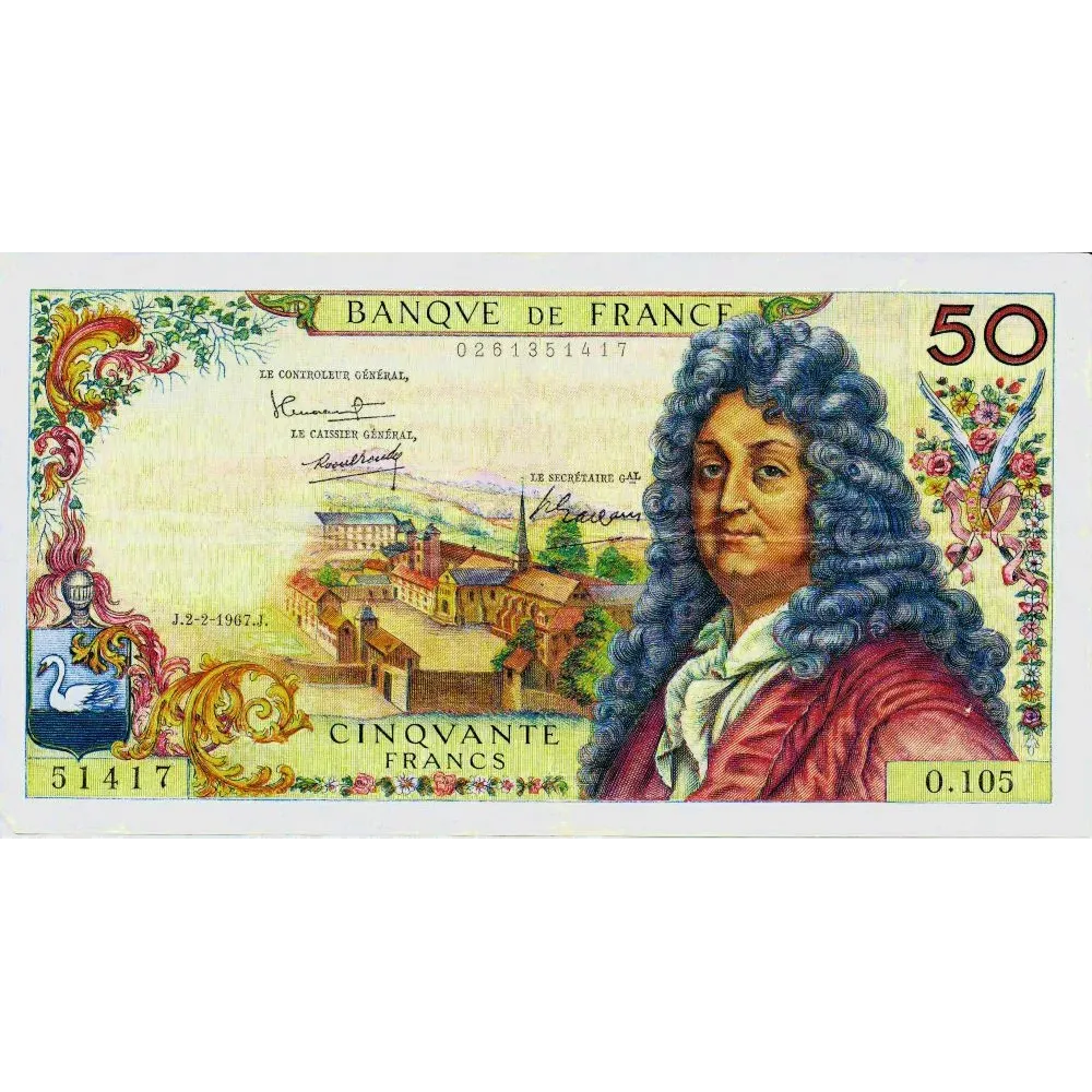 Billet 50 Francs Banque de France 1967 portrait Racine numismatique monnaie