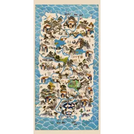 Carte illustrée chinoise montagnes rivière temples villages personnages pèlerinage