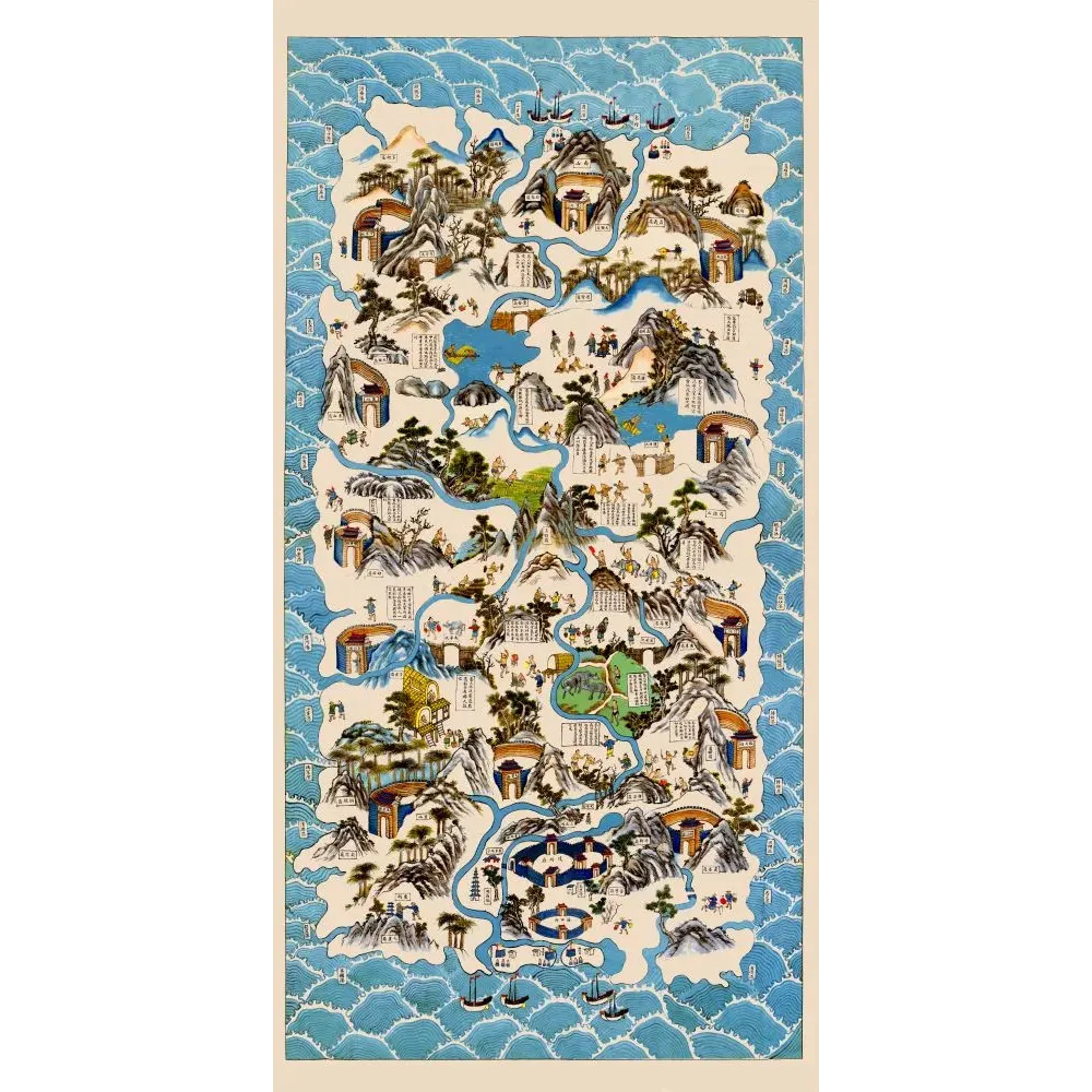 Carte illustrée chinoise montagnes rivière temples villages personnages pèlerinage