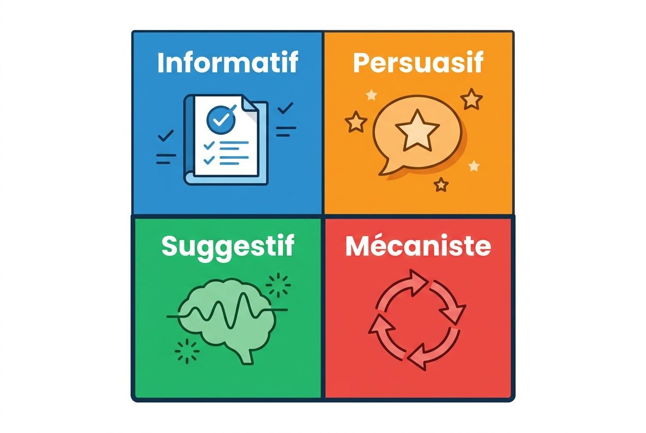 Les 4 types de publicité illustre les catégories Information, Persuasif, Suggestif et Mécaniste à travers une grille colorée.