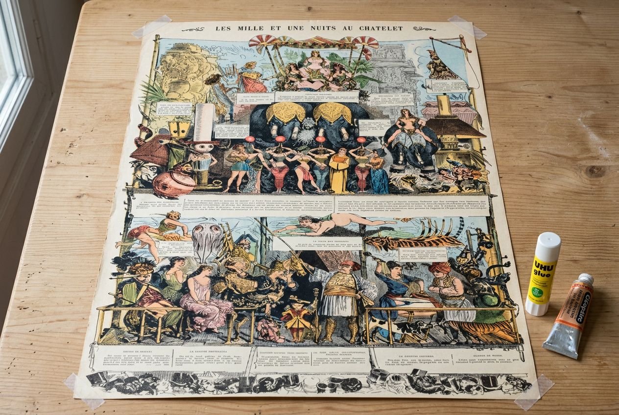 Affiche ancienne illustrée étalée sur une table en bois, avec tubes de colle à côté, prête à être collée sur un mur sans dégradation. Meilleure technique pour coller une affiche intégré naturellement.
