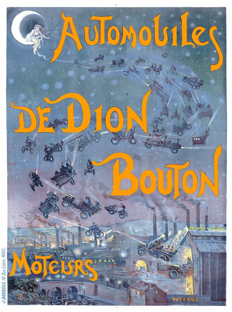 Affiche colorée de style vintage montrant des véhicules et dirigeables dans le ciel, avec llicence de moteurs et usine en contrebas. Titre orange « Automoules de Dion Bouton » dominant l'image.