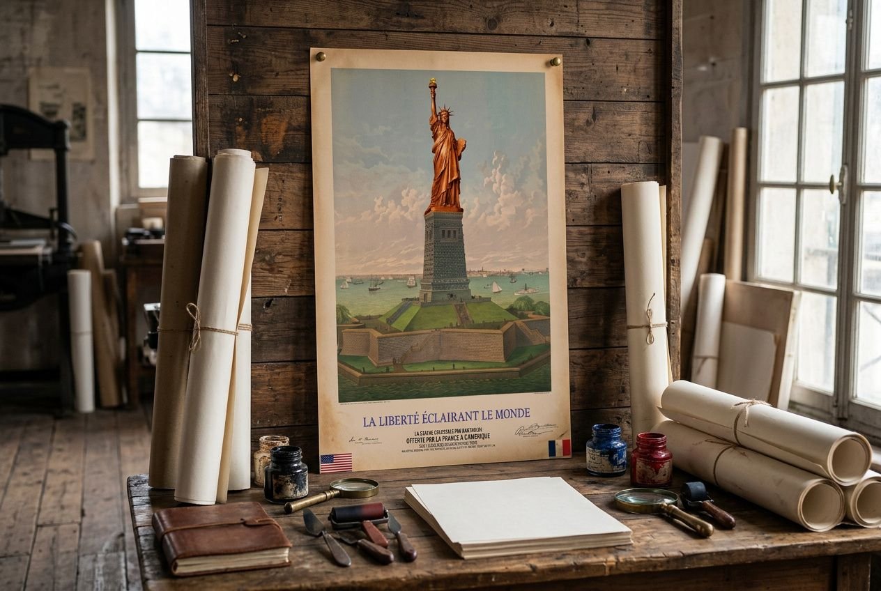 Affiche historique de la Liberté éclairant le monde sur chevalet, entourée d’outils et plans dans un atelier, évoquant l’histoire de la publicité en France.
