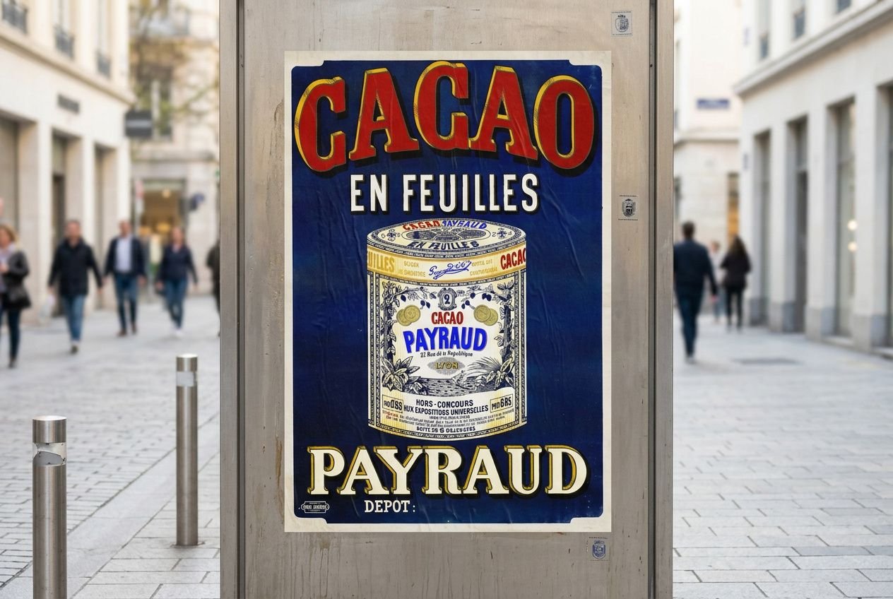 Affiche publicitaire Cacao en feuilles sur colonne urbaine, rue piétonne. meilleure technique pour coller une affiche en contexte urbain.