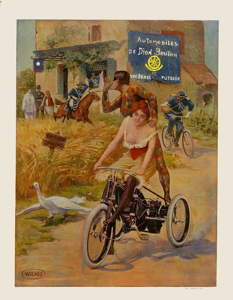 Affiche publicitaire vintage montrant une femme à moto, devant une ruelle animée et un panneau 