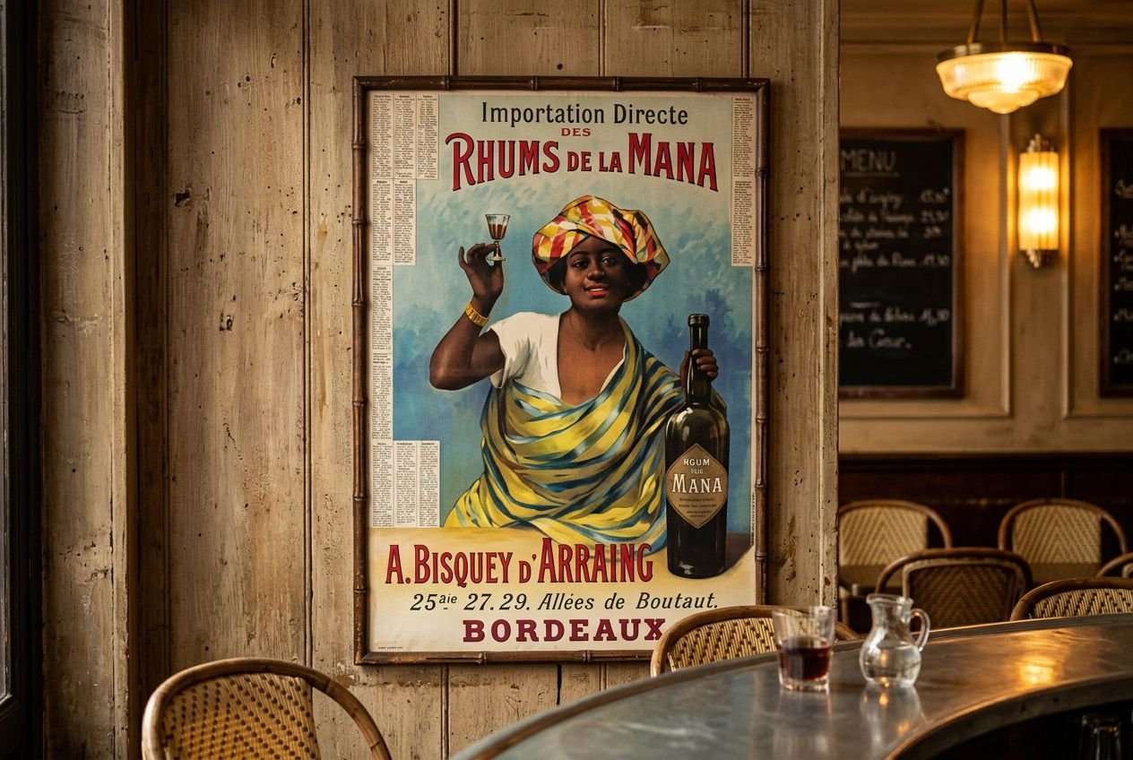 Affiche publicitaire vintage montrant une femme tenant une bouteille de rhum, cadre bois et mobilier de café, ambiance rétro. l évolution de la publicité depuis 1950 évoquée.