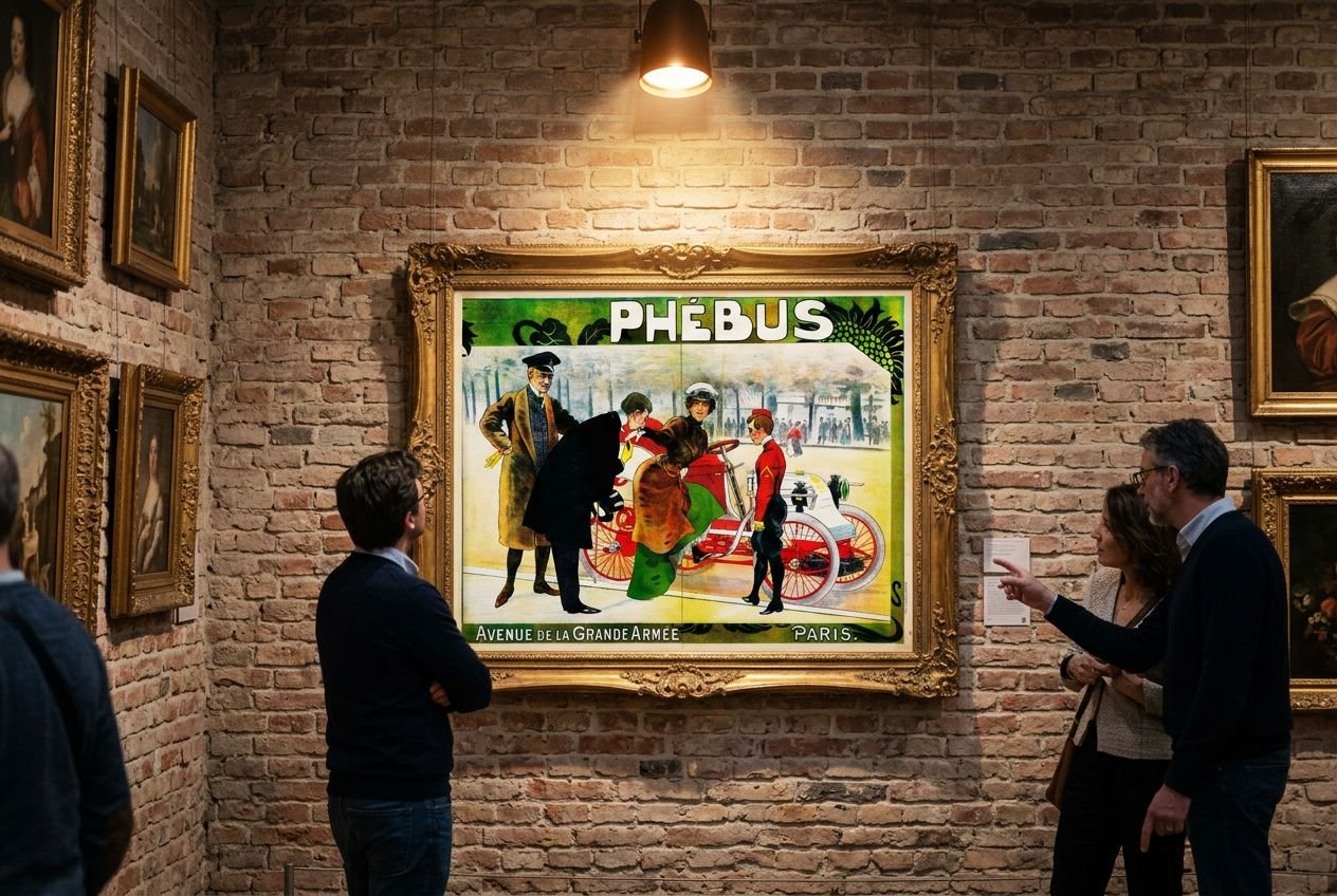 Affiche publicitaire vintage Phébus au cadre doré dans un mur de briques, entourée de visiteurs discutant.