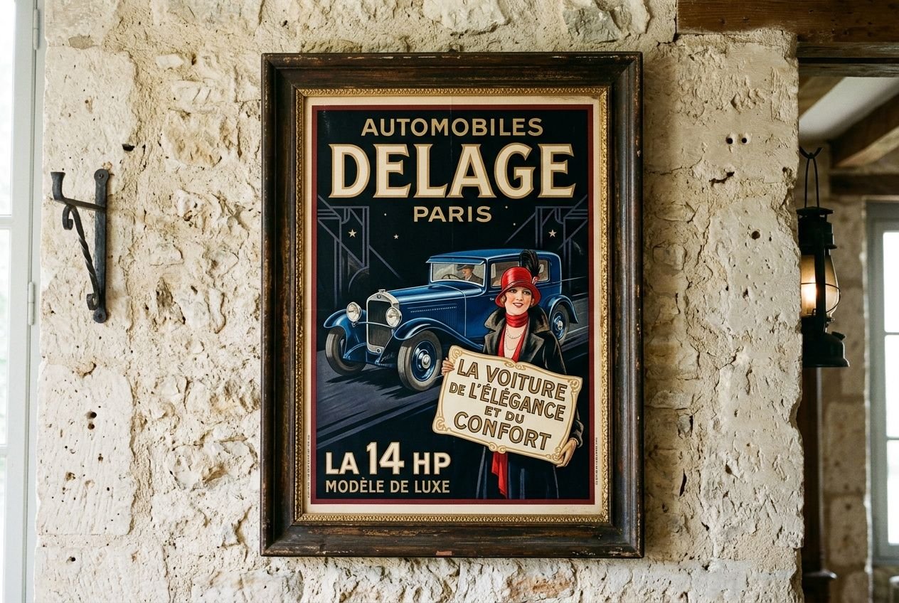 Affiche vintage "AUTOMOBILES DELAGE PARIS" encadrée, représentant une voiture ancienne et une femme tenant une pancarte publicitaire. Publicité automobile decorative dans une pièce.