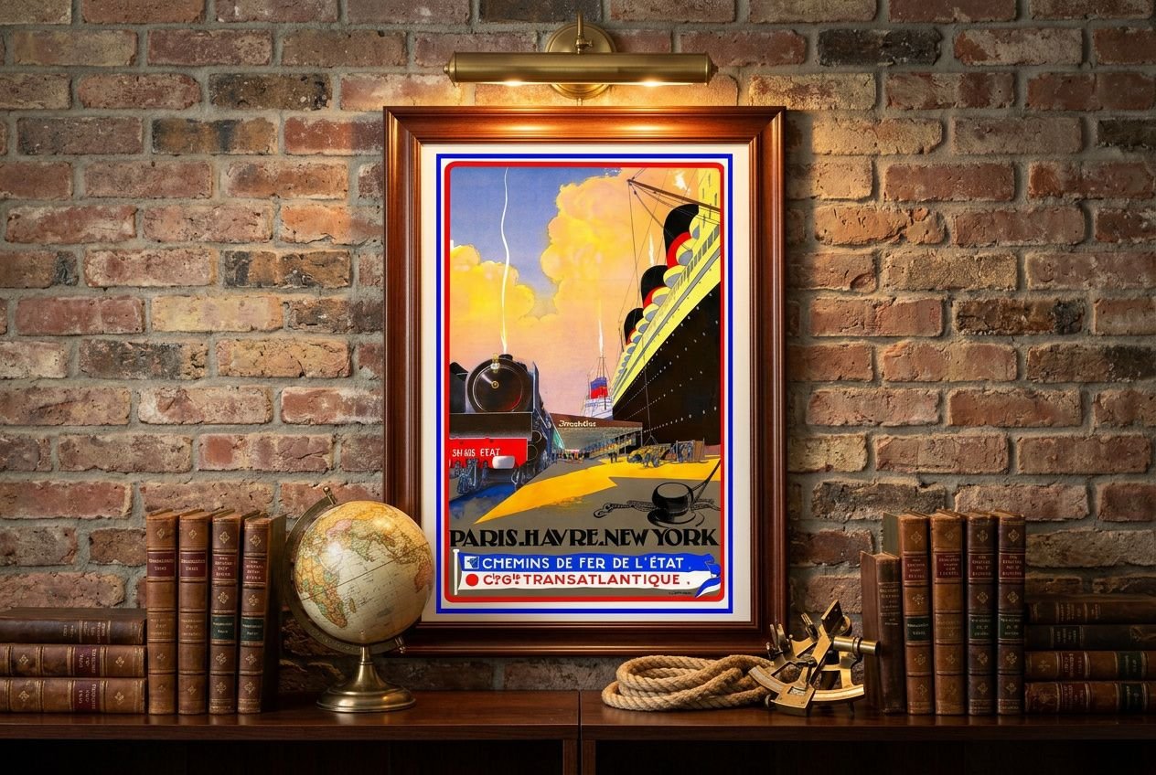 Affiche vintage colorée encadrée sur mur de briques, éclairée par une lumière; bibelots et livres anciens sur la étagère. pourquoi les affiches vintage sont si chères.