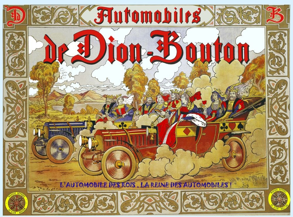 Affiche vintage colorée représentant des automobiles royales en procession, avec texte stylisé 