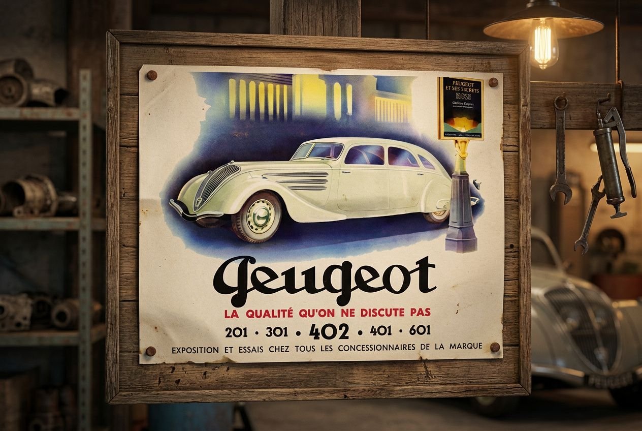 Affiche vintage Génèse Peugeot, voiture ancienne bleue et blanche dans un cadre en bois, ambiance atelier d’époque, illustrateur publicités anciennes.
