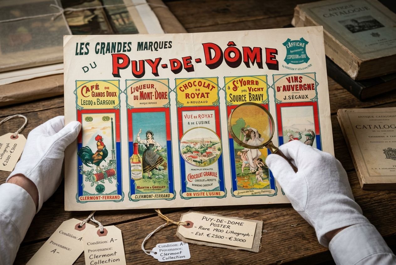 Affiche vintage “PUY-DE-DÔME” tenue par des gants blancs, affiches colorées et étiquettes d’inventaire posées sur une table, focalisée sur la collection. pourquoi les affiches vintage sont si chères
