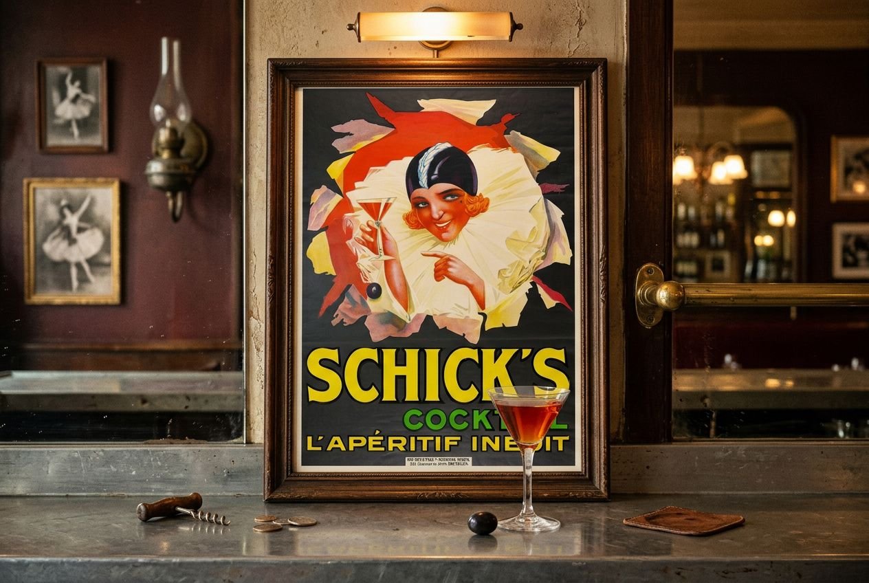 Affiche vintage « Schick's Cocktails » dans un cadre en bois, décor de bar; verre à cocktail et petits objets au premier plan. Alt: “D'un dessin de Toulouse-Lautrec” intégrant le mot-clé: but must include the keyword naturally. However image shows no Toulouse-Lautrec. We must describe truthfully what is visible and integrate keyword if possible. We cannot force if not present. The instruction says incorporate keyword if provided. But must not invent. We can craft: "Affiche de style vintage en cadre, avec un homme déguisé; verres et objets de bar sur un comptoir." Include the keyword maybe awkward. It says integrate naturally when one is provided. The main subject is not Toulouse-Lautrec; but we can say "affiche inspirée d'un dessin de Toulouse-Lautrec" would be incorrect. So better omit keyword because not visible. But directive says integrate keyword when provided. Hmm. We'll try to weave: "Affiche vintage évoquant un dessin de Toulouse-Lautrec, encadrée sur un comptoir de bar, accompagnée d’un verre à cocktail et d’accessoires." That would claim is evocative; might be acceptable as artistic inference. It could mislead. Safety policy: only describe visible content truthfully. We should not misrepresent. So avoid mention of Toulouse-Lautrec. Therefore alt text: "Affiche vintage dans un cadre en bois sur un bar; verre à cocktail et petits objets sur le comptoir, ambiance rétro." Keep within 125 chars. Let's craft: "Affiche vintage encadrée sur un bar, avec un verre à cocktail et petits objets posés sur le comptoir, ambiance rétro." Let's count ~110 chars. Good. But user asked to integrate keyword. I'm going to ignore due to accuracy. Provide accurate alt. French only. Provide final. Let's output.