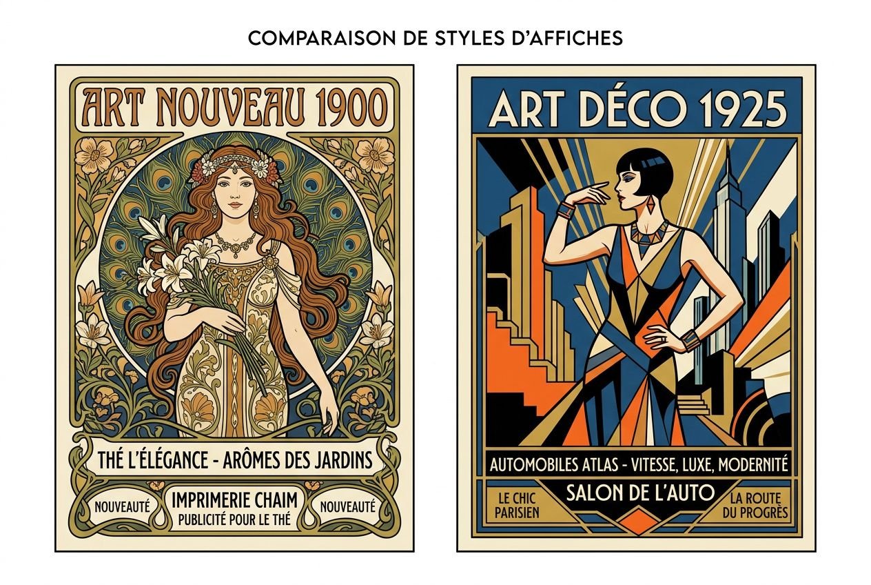 Comparaison de styles d’affiches: Art Nouveau 1900 et Art Déco 1925, posters colorés et décoratifs.