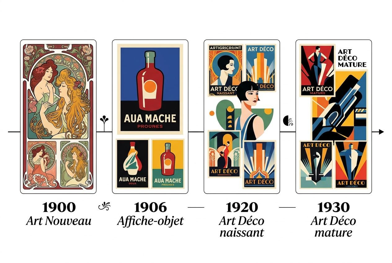 Diaporama montrant l’évolution des styles publicitaires années 1900-1930: Art Nouveau 1900, affiches-objet 1906, Art Déco naissant 1920 et Art Déco mature 1930.