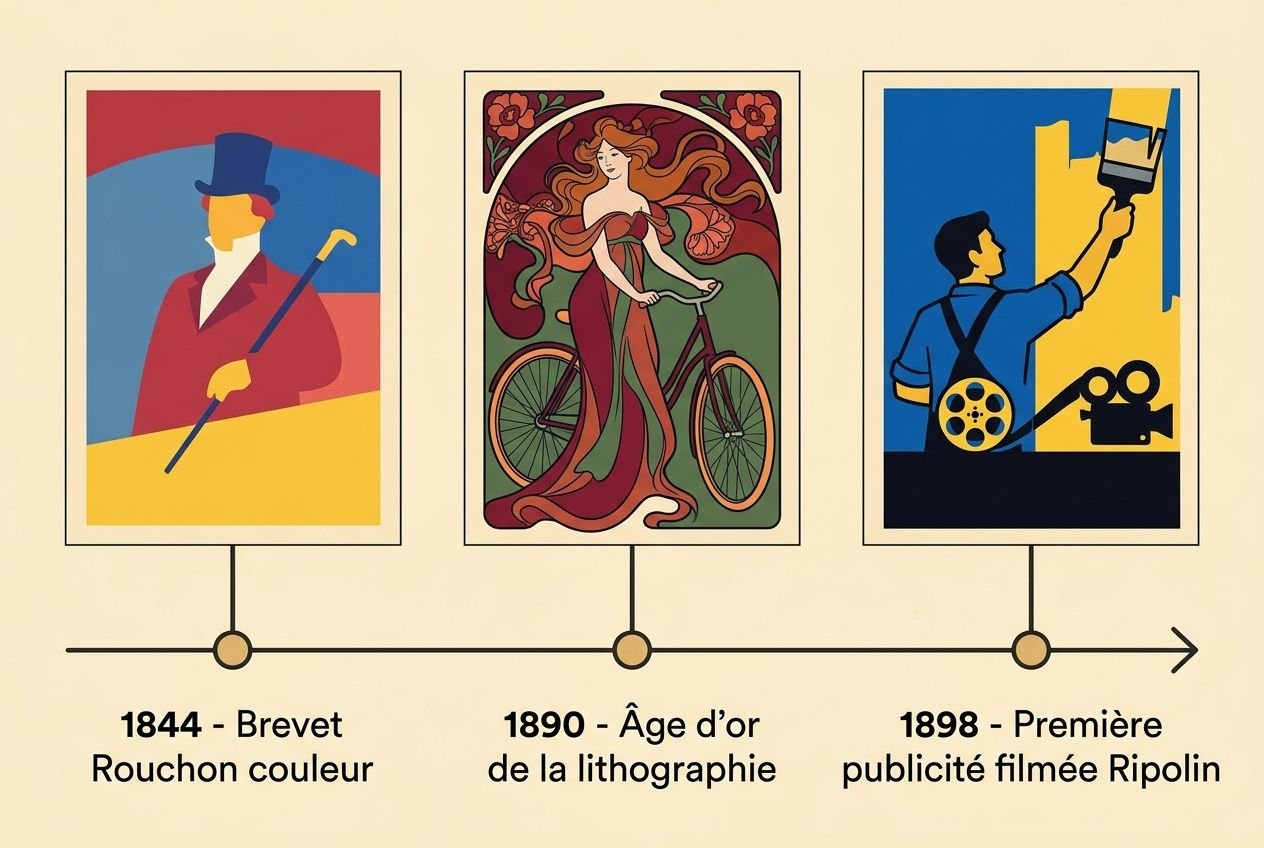Histoire publicitaire fin du 19e siècle : affiches lithographiées et publicité naissante, exemple de l’essor des agences de publicité fin du 19e siècle avec affiches colorées.
