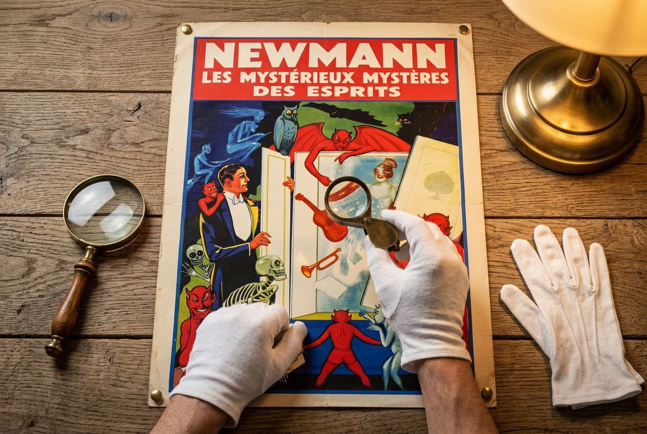 Inspecteur examinant une affiche ancienne Newmann, avec loupe et gants blancs; lumière et bois rustic. Comment reconnaître une affiche ancienne pourrait aider.