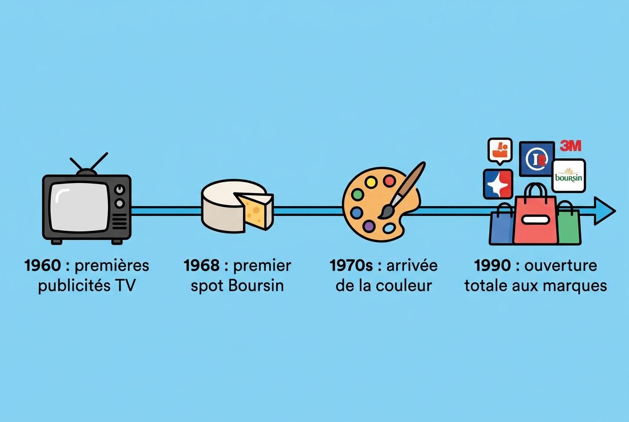 L’évolution de la publicité depuis 1950: TV des années 60, premier spot Bourse 1968, palette couleur des années 70, ouverture totale aux marques dans les années 1990.