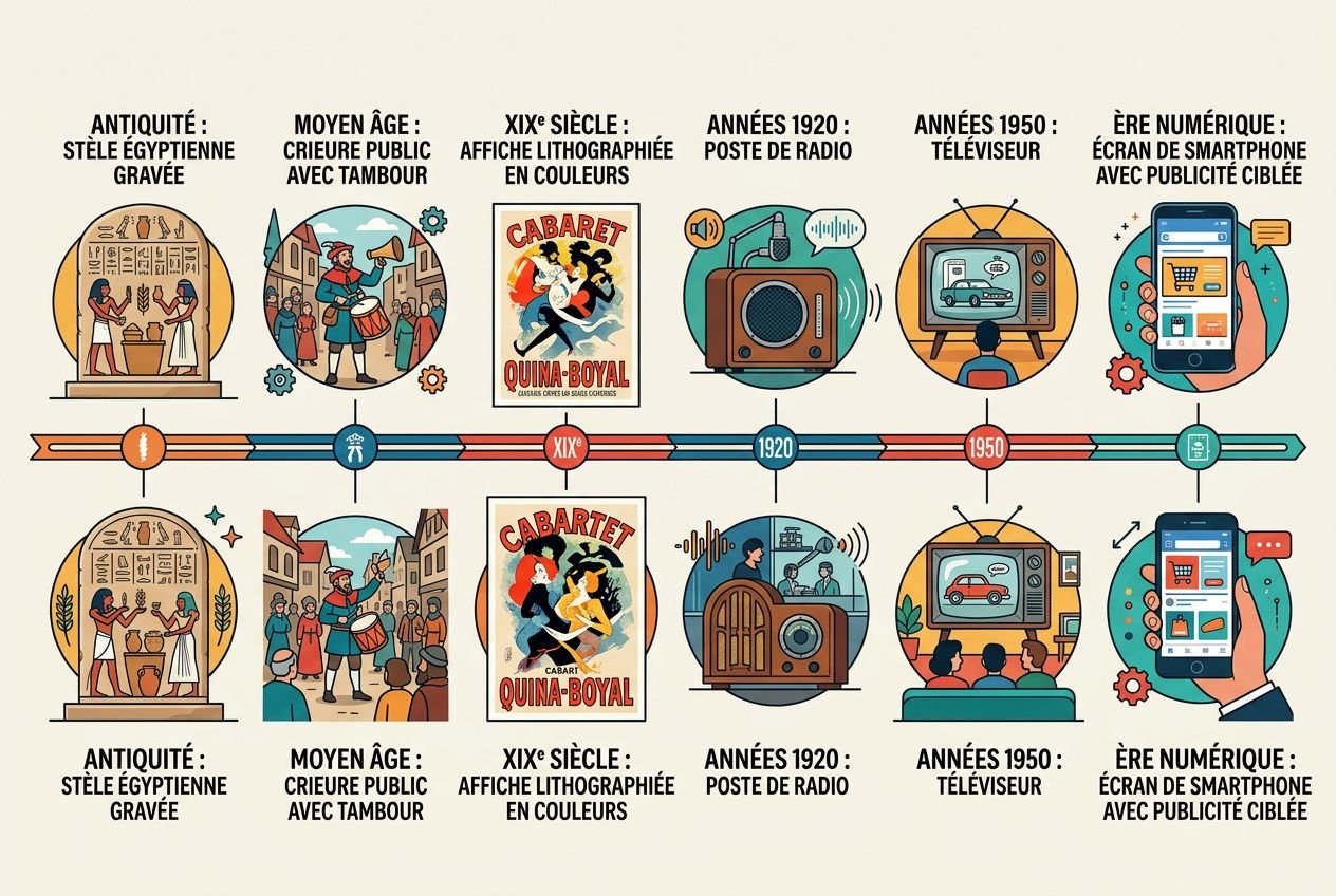 Une ligne du temps illustrée sur l’évolution de la publicité, avec des vignettes d’époques et outils (stèles gravées, affiches, radio, télévision, publicité ciblée sur smartphone) et légendes historiques. Inclut le concept d’histoire de la publicité livre.