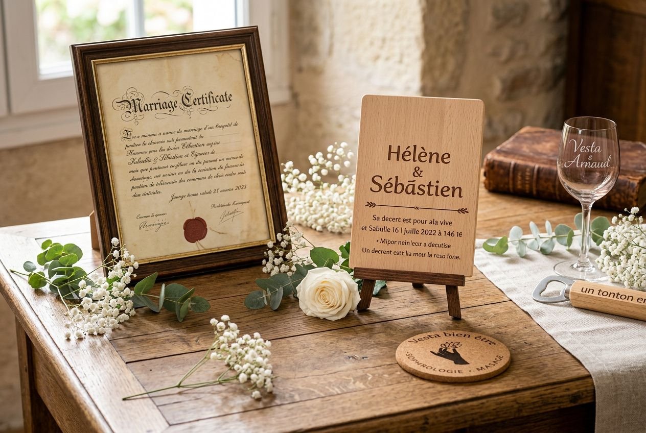 Offrir document ancien encadré avec cadre légal et texte décoratif, sur une table en bois entourée de fleurs et d’accessoires.