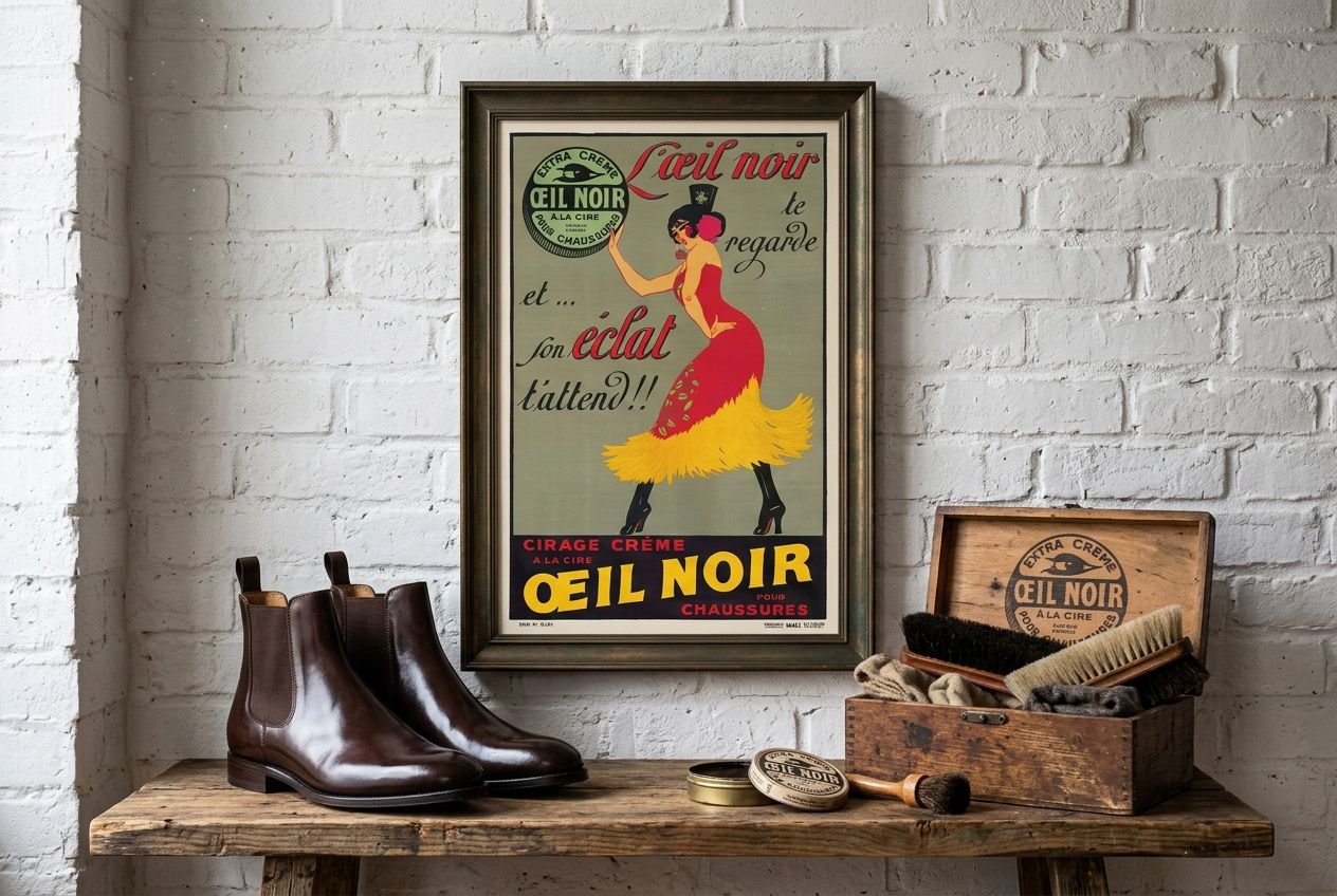 Paire de bottines en cuir sombre sur une table en bois, affiche rétro Eye Noir et boite à accessoires vintage sur fond de mur en briques. Pourquoi le vintage revient à la mode.