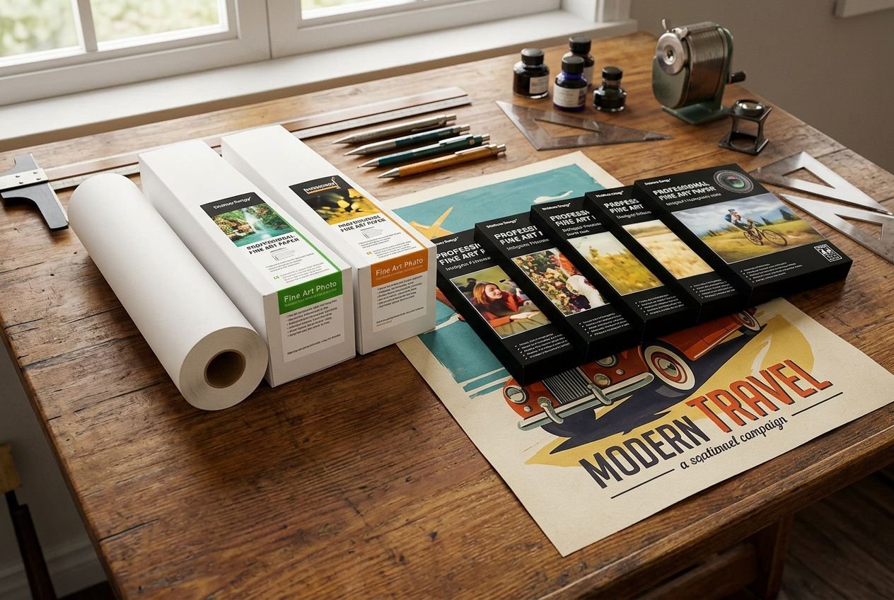 Plan de travail d’atelier avec impressions en cours et affiches vintage, évoquant le style artistique des affiches des années 1950.